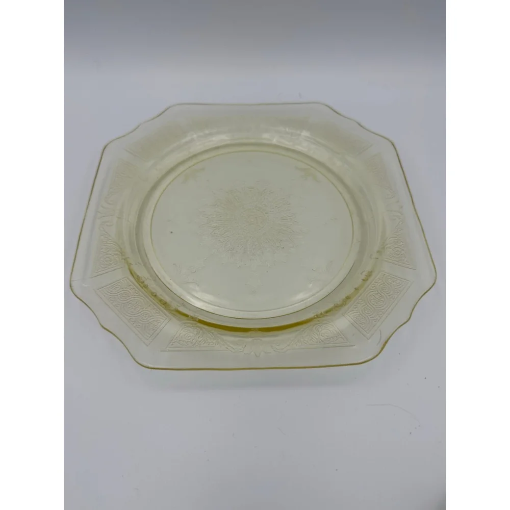 Lancaster Glass | 1930s Jubilee Etched Dinner Plate | Uranium Yellow | 9”